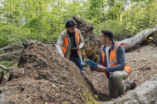 Full length view of two male tree surgeons standing together discussing plans and strategies. They are wearing work attire and hi-vis jackets while surrounded by towering trees in a forest in Northumberland, North East England. They are examining a fallen tree from a forest floor.