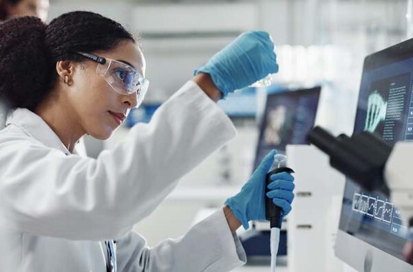 Glass vial, pipette and woman scientist in laboratory for medical study, research or experiment. Test tube, dropper and professional female person with chemical liquid for pharmaceutical innovation